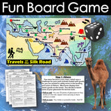 Board game set with map, dice, and camel illustration titled 'Travels on the Silk Road'.