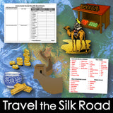 Travel the Silk Road game set with map, camel, and trading post on a world map background.