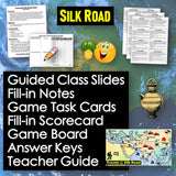 Educational resources for teaching about the Silk Road with slides, notes, task cards, and a map.
