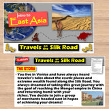 Educational material about travels on the Silk Road with a camel and map illustration.