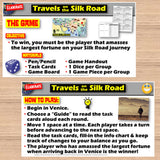 Game instructions for 'Travels on the Silk Road' on a wooden surface