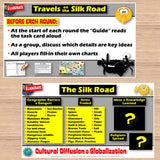 Educational materials about the Silk Road on a wooden surface