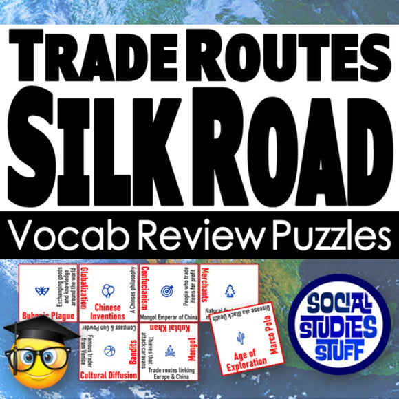 Silk Road vocabulary review puzzles with text and graphics on a blue world map background.