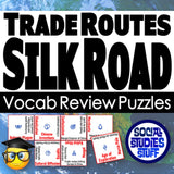 Silk Road vocabulary review puzzles with text and graphics on a blue world map background.