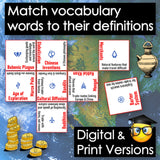 Educational material with vocabulary words and definitions on cards against a world map background.