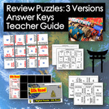 Educational materials including puzzles, answer keys, and a teacher guide on a world map background.