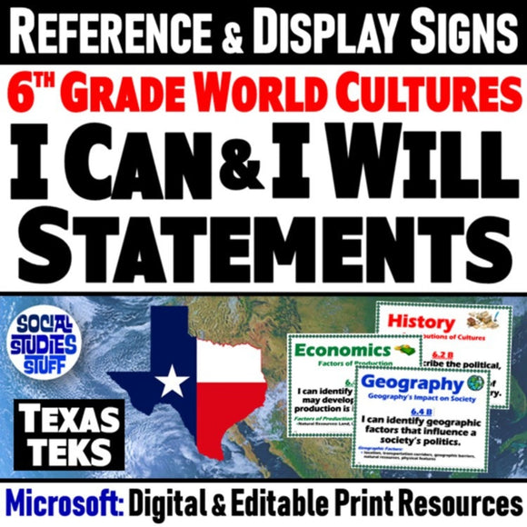 6th Grade Social Studies World Culture I Can & I Will Statements - MS Digital Resources