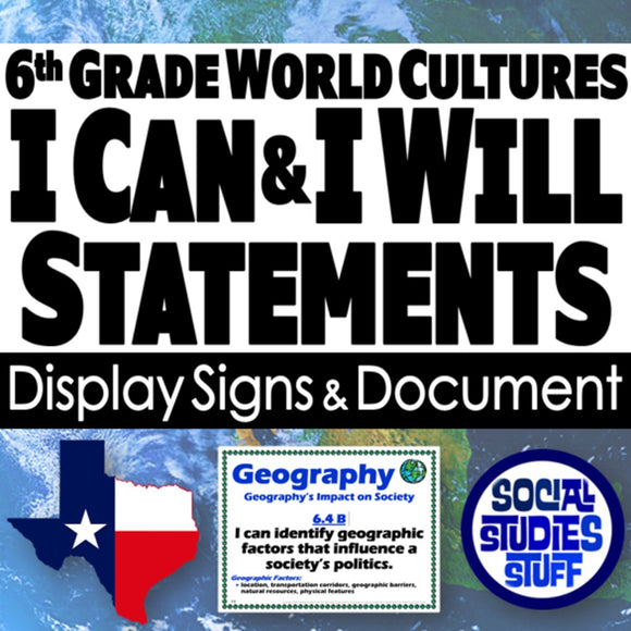Promotional graphic for 6th grade world cultures display signs and document with Texas flag and social studies theme.