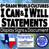 Promotional graphic for 6th grade world cultures display signs and document with Texas flag and social studies theme.