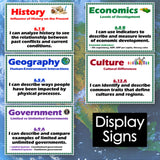 Educational display signs on history, economics, geography, culture, and government with a world map background.