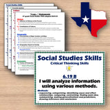 Educational materials on social studies skills with a Texas state outline in the background