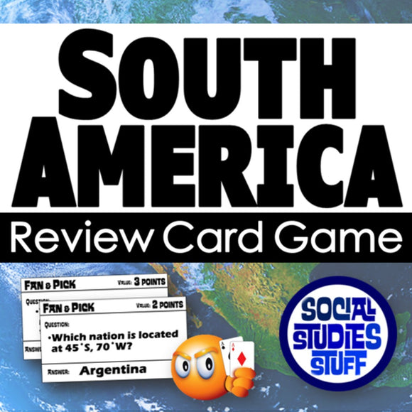 South America review card game packaging with map background and 'Social Studies Stuff' logo.