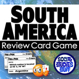 South America review card game packaging with map background and 'Social Studies Stuff' logo.
