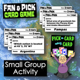 Fan & Pick card game with question cards and a world map background