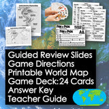 Educational materials including maps, cards, and printed sheets on a world map background.