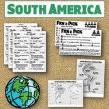 Educational materials on South America including maps and game instructions on a corkboard.