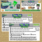 Educational game board with instructions for 'Fan & Pick' card game on South America geography.