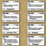 Set of geography trivia cards on a textured brown background