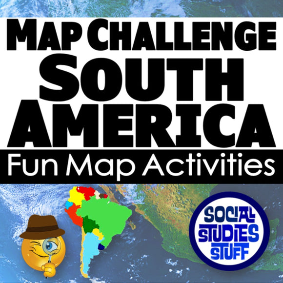 Promotional graphic for a map challenge on South America with a map of South America and text about fun map activities.