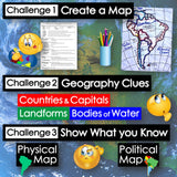 Educational graphic with map-related challenges and visual elements on a world map background.