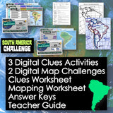Educational materials for South America geography with maps and text on a world map background.