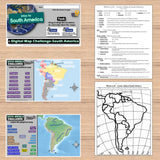Educational materials on South America map challenges displayed on a wooden surface.