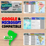 Educational materials about South America on a wooden surface with 'Google & Microsoft Compatible' text.
