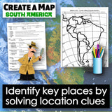 Educational materials for creating a map of South America with a detective illustration and map outline.