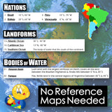 Map of South America with labeled nations, landforms, and bodies of water, featuring a smiley face icon and text.