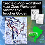 Map worksheet with South America highlighted, teacher guides, and answer keys on a blue background.