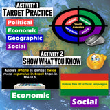 Educational graphic with map of South America, colorful text, and a computer mouse.