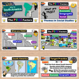 Educational materials on a wooden surface with various graphics and text related to social studies and geography.