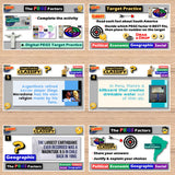 Educational software interface with multiple screens displaying activities and questions.