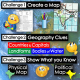 Educational graphic with map-related challenges and visual aids on a world map background.