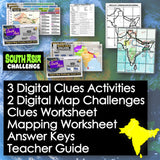 Educational materials for South Asia digital map activities on a world map background.