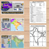 Educational materials on South Asia including maps and worksheets on a wooden surface.