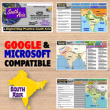 Educational materials on South Asia with maps and text on a wooden surface.