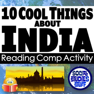 Promotional graphic for '10 Cool Things About India' reading comp activity with a silhouette of a building and a book emoji.