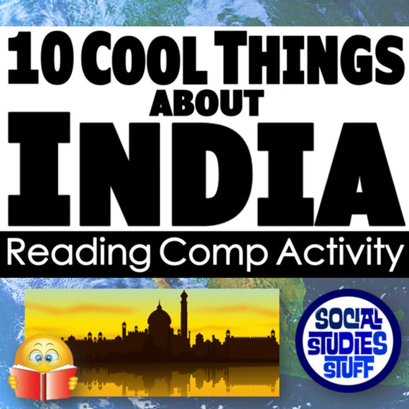 Promotional graphic for '10 Cool Things About India' reading comp activity with a silhouette of a building and a book emoji.