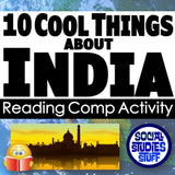 Promotional graphic for '10 Cool Things About India' reading comp activity with a silhouette of a building and a book emoji.