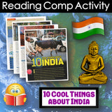 Educational material about India with a flag and statue of Buddha on a blue background