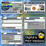 Educational materials about India with digital and print versions displayed on a map background.