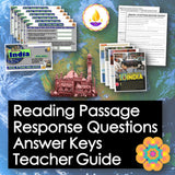 Educational materials on a world map with text about reading passages and response questions.