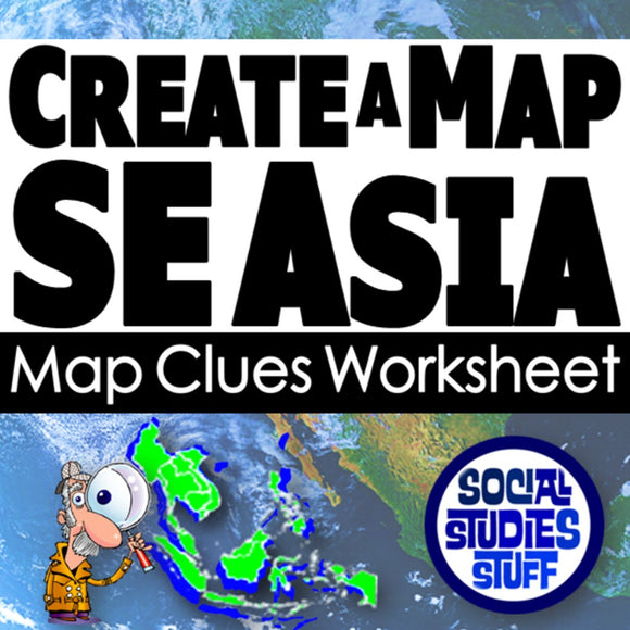 Map Clues Worksheet for Southeast Asia with a cartoon character and 'Social Studies Stuff' logo.