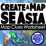 Map Clues Worksheet for Southeast Asia with a cartoon character and 'Social Studies Stuff' logo.