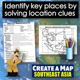 Educational materials for mapping Southeast Asia with a map, worksheet, and cartoon detective illustration.
