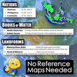 Educational map of Southeast Asia with labeled nations, bodies of water, and landforms.