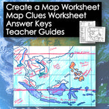 Map worksheet with labeled regions and text on a world map background