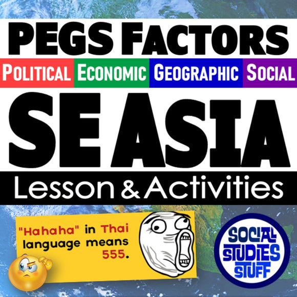 Educational poster about PEGS Factors in SE Asia with colorful text and graphics.