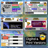 Collage of educational materials on social studies themes with digital and print versions highlighted.